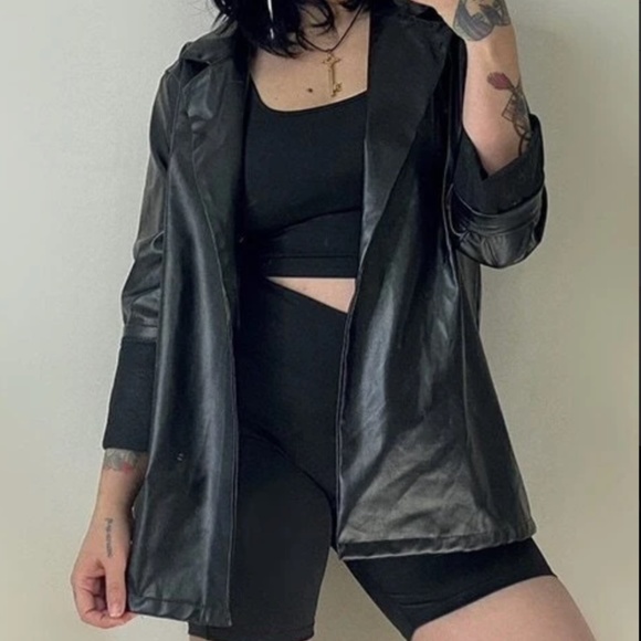 Classic Black Vegan Leather Button Jacket Blazer - Picture 4 of 8